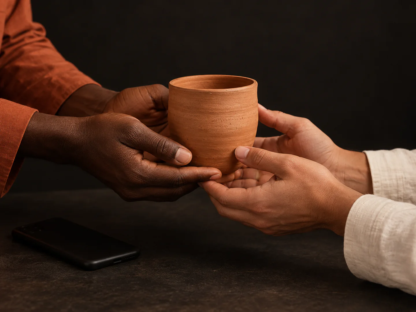 A customer and seller exchanging a handcrafted terracotta cup.