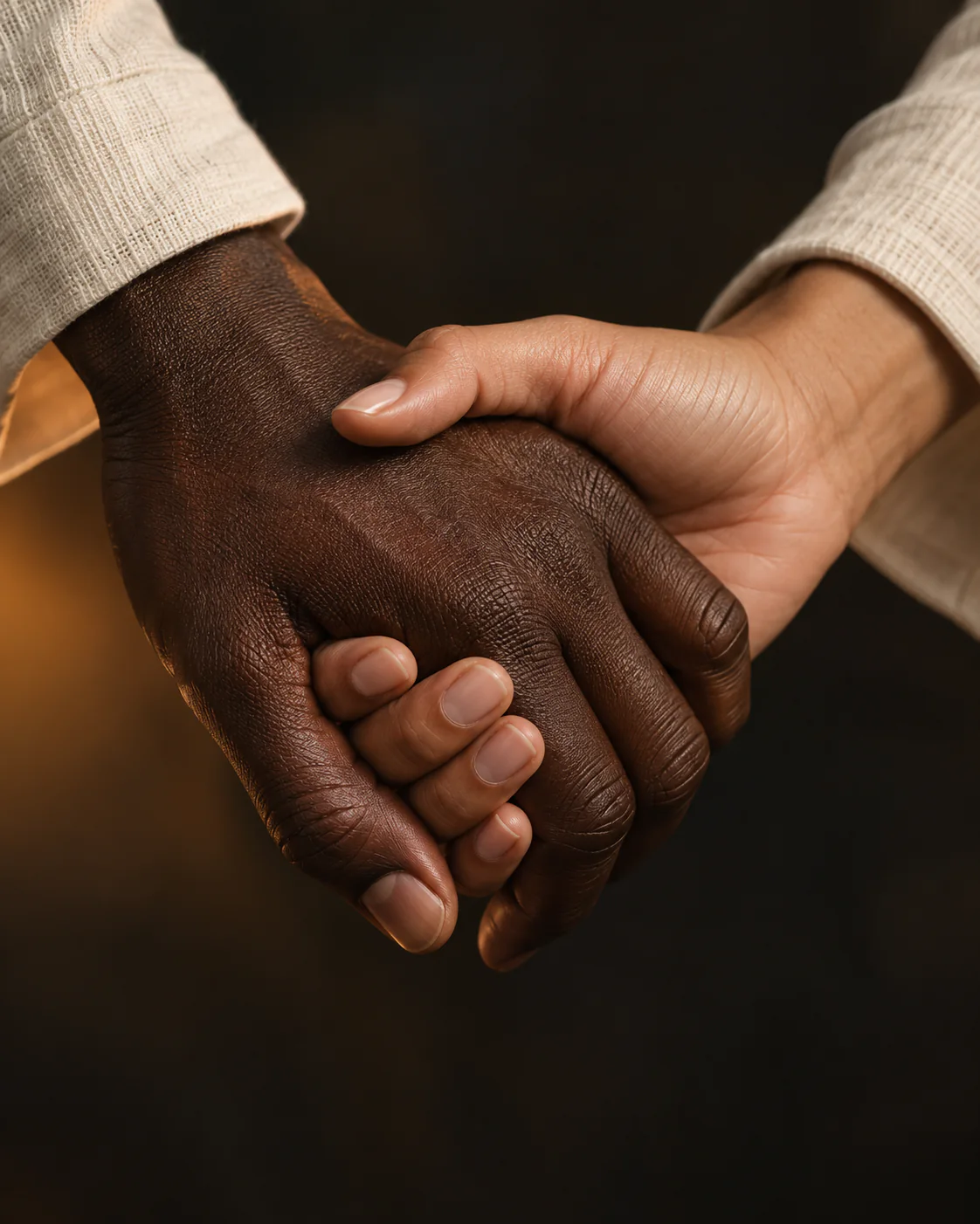 A Black hand and a white hand meeting in a warm, supportive clasp.
