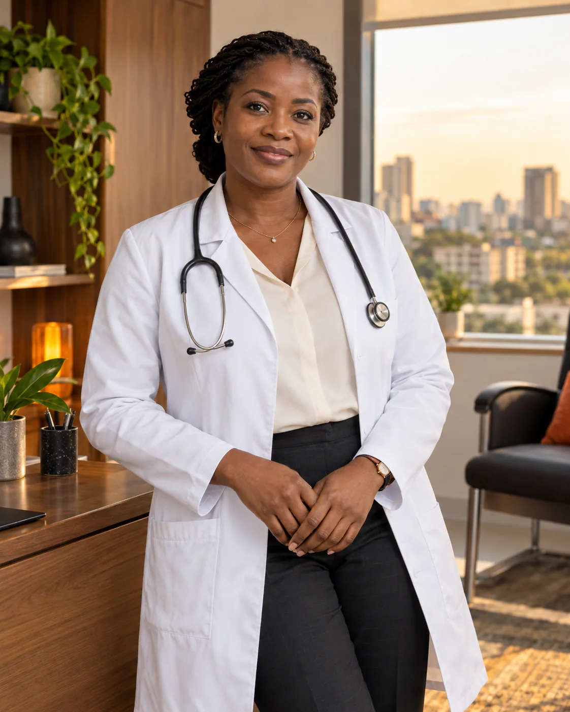 A confident African doctor in a welcoming consultation room.