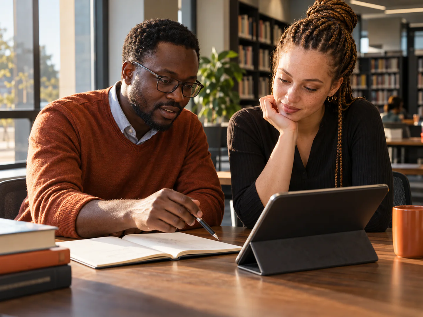 A Black African teacher and white African university student learning together.