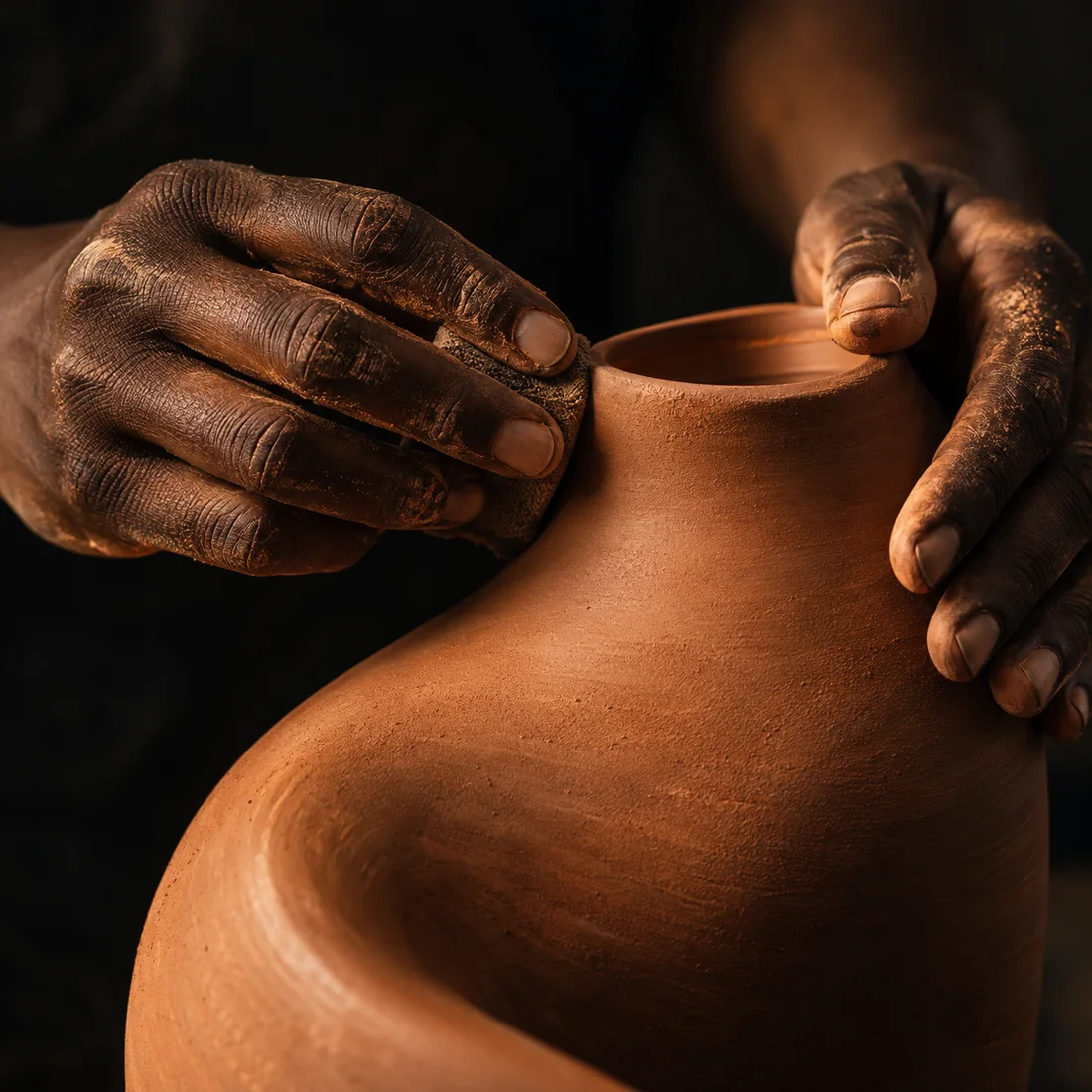An artisan's fingertips shaping a terracotta vessel, with clay and skin textures in warm light.